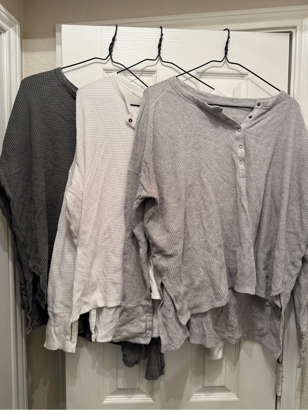 Aerie Waffle Knit Henley Top Bundle - Light Gray, White, Dark Green